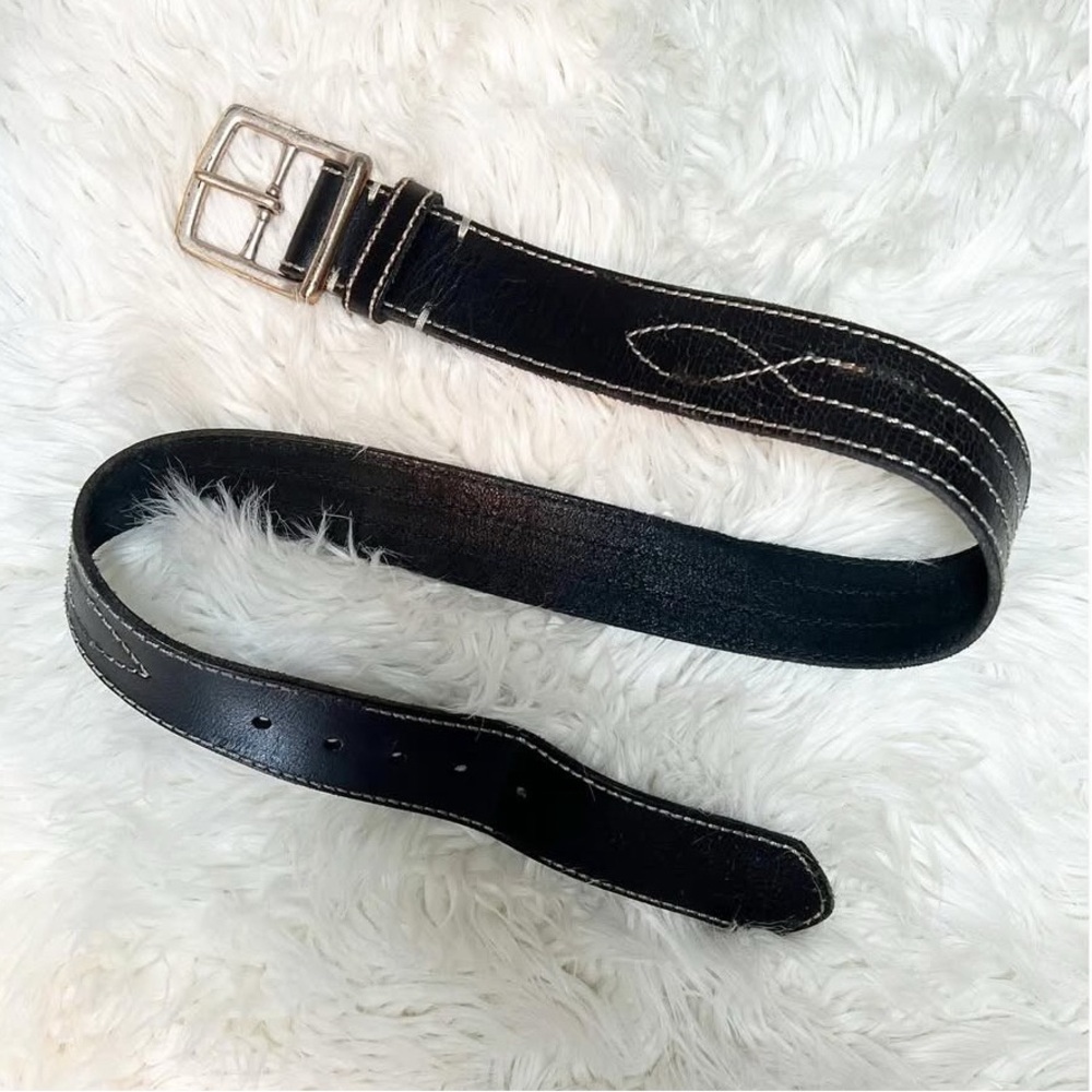 Thick‎ Black 100% Genuine Leather Belt Vintage 90s Tan Stitching — Size 32 🩶🪶